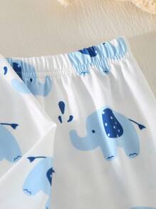 2 件套男婴睡衣套装，针织面料，大象印花，柔软舒适，长袖上衣，领口和袖口撞色，直筒裤，下摆撞色，可爱舒适的睡衣套装 - 藍色 - 查看 5