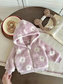 SHEIN 女婴休闲可爱双面花卉羊毛连帽夹克，长袖拉链外套，秋冬 - 粉色 - 查看 3