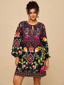 Travachic Plus Size Casual Vacation Tropical Bohemian Print Front Tie Bow Long Sleeve Loose Women Summer Autumn Outdoor Short Dress,Fall Clothes For Women - Navy Blue - View 3