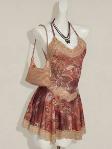 SHEIN ICON 印花蕾丝拼布深 V 领迷你连衣裙 - 棕色 - 查看 5