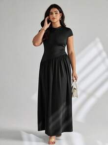 SHEIN Tall CURVE 大码女式纯色立领飘袖褶皱优雅连衣裙 - 黑色 - 查看 5