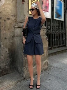 DAZY 2pcs Women Solid Color Round Neck Front Button Sleeveless Top And Shorts Set - Navy Blue - View 4