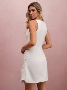 Enchnt Fall/Winter Romantic Women's White 3D Embroidered Faux Pearl Flowers Decor Sleeveless Cute Mini Dress,Sweet&Elegant For Vacation&Date&Holiday&Birthday&Party&Graduation&Wedding Guest&Office&Going Out,Prom Dress,Autumn Dresses For Women,Fall Clothes,Autumn Outfits For Women,Back To School