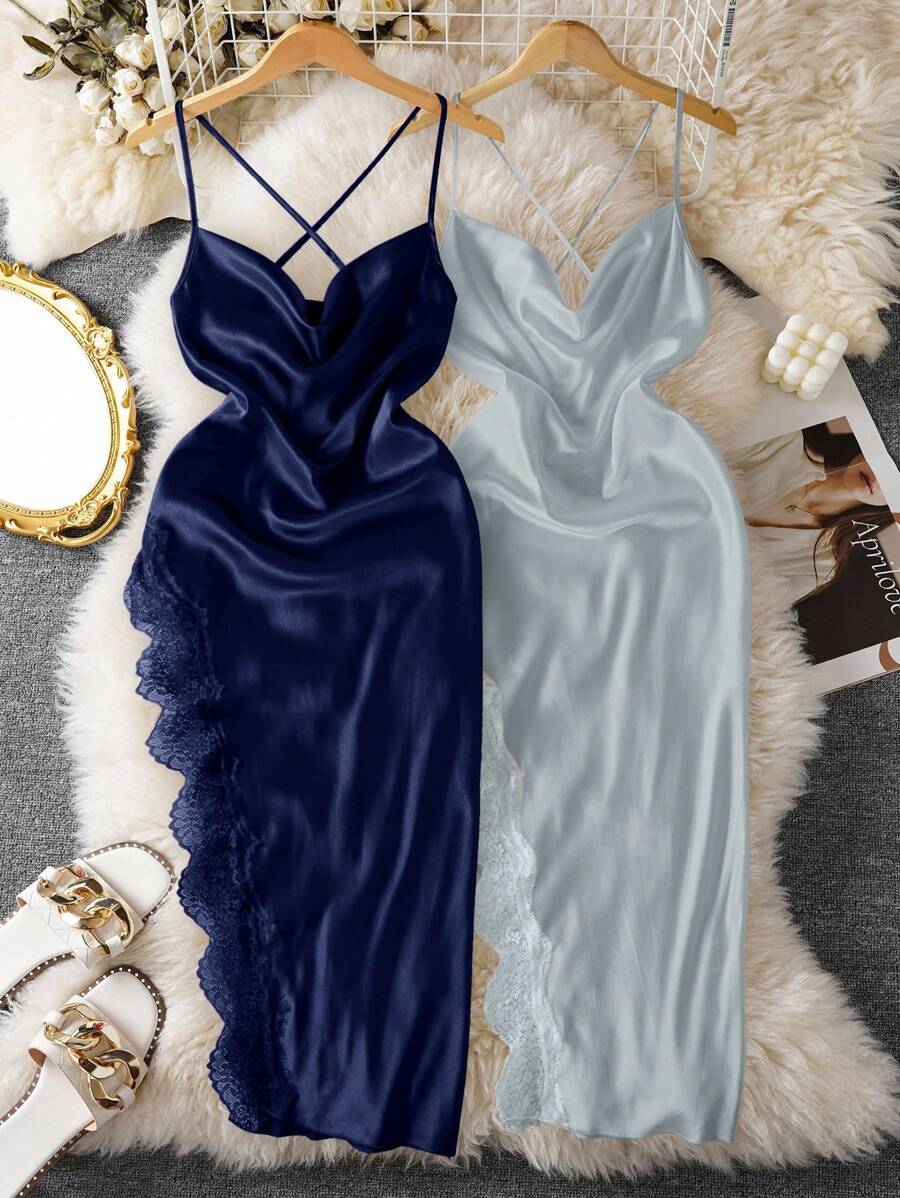 Sleeveless Multicolor Satin Sleep Dress With Lace Trim And Elegant Silky Finish Satin Dress Silky Dress Lace Trim Dress Slip Dress Cowl Neck Dress - Multicolor - View 1