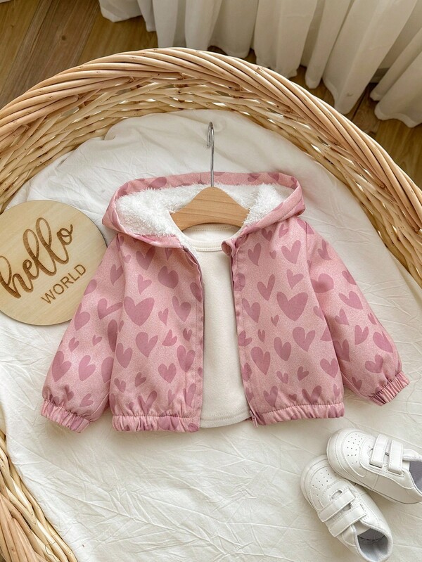 SHEIN Nouveau-né bébé fille mignon rose motif cœur veste à capuche en polaire, automne/hiver