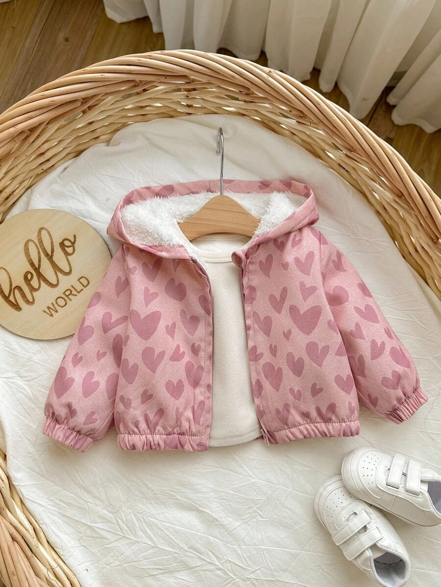 SHEIN Giacca con cappuccio in pile rosa a forma di cuore per neonata, adatta per l'autunno/inverno