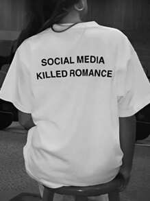 INAWLY Plus Size Women Social Media Kills Romance Slogan Printed Round Neck T-Shirt - White - View 1