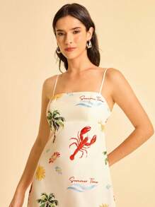 CAJUNI 女士海洋元素印花度假连衣裙，细肩带开叉腰露背设计，适合夏季度假