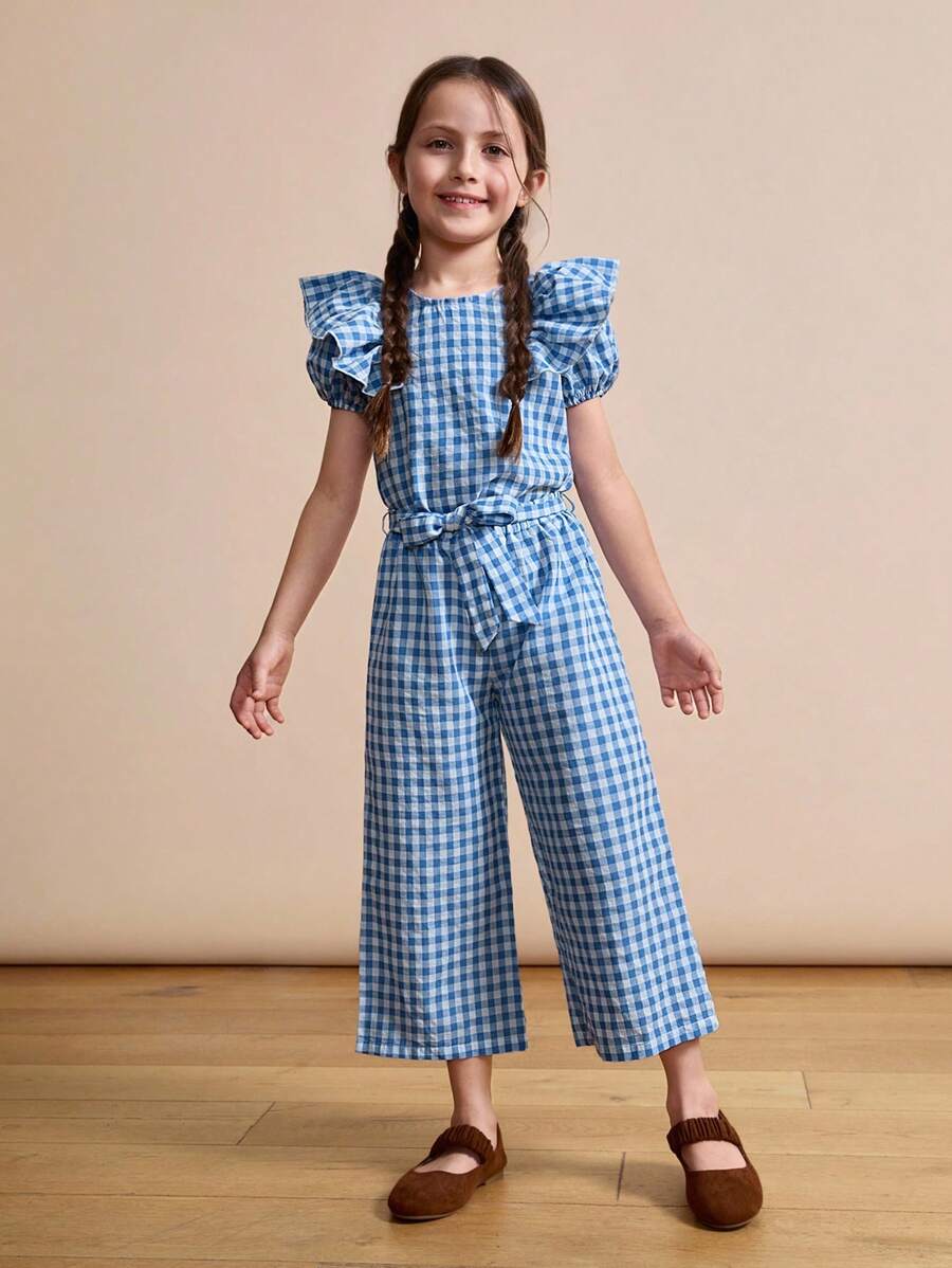 SHEIN 2pcs Young Girl Plaid Print Ruffle Hem Short Sleeve Top And Tie Front Long Pants Set - Multicolor - View 1