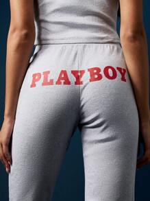 Missguided x Playboy Ribbed Tank Top Capri Pants Two-Piece Summer Lounge Set With Logo Print Casual Leisure Sleeveless Matching Outfit For College Festival Streetwear - Grey - View 4