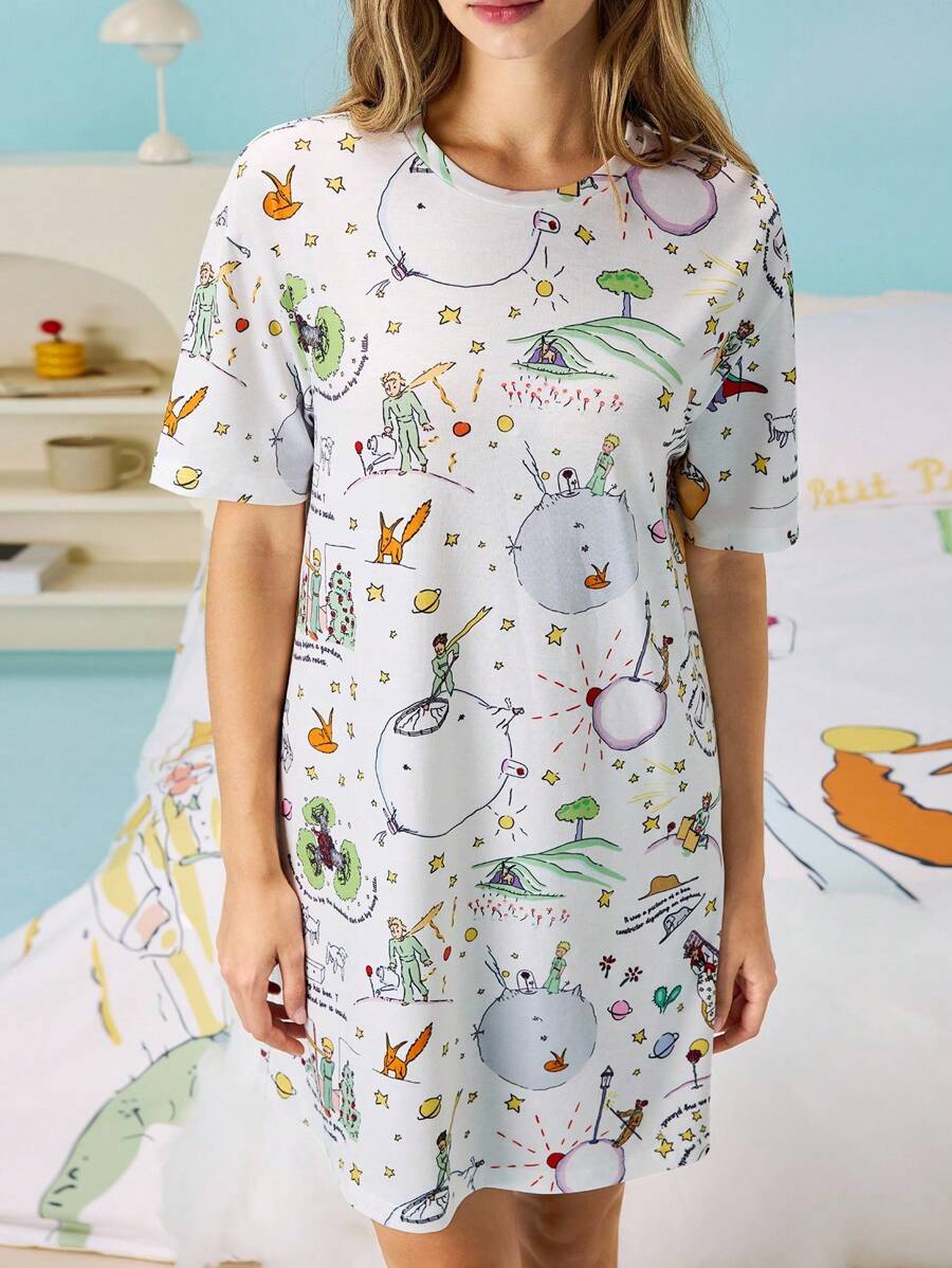 LE PETIT PRINCE X SHEIN Women's Cartoon & Planet & Fox & Rose Pattern Loose T-Shirt Nightdress, Back To School, For Fall And Winter - White - View 1