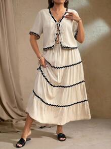 Roveilla Plus Size Women's Boho 2pcs Set: Color Block Trim V-Neck Short Sleeve Tie Front Blouse And Ruffle Hem Mini Skirt, For Summer