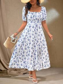 Roveilla Outfit elegante da donna con stampa floreale, polsini corti, orlo con spacco laterale, per taglie forti, adatto per l'estate e le vacanze