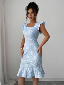 Elenzga Women's Elegant Jacquard Crew Neck Ruffle Armhole Flounce Hem Fitted Knee-Length Dress, Suitable For Commuting In Summer - Blue - View 5