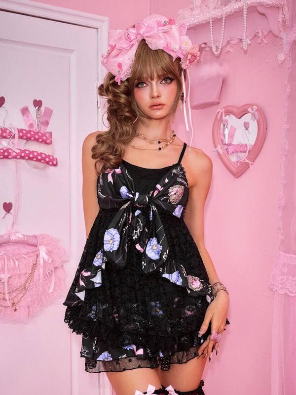 ROMWE J-Fashion Women's Retro Gyaru Sexy Backpack Chain Butterfly Print 3D Bow Top