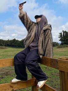 DAZY Men's Autumn Plush Fabric Embroidered Brown Hooded Furry Coat Jacket