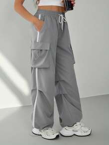 SHEIN Tall Women's Summer Streetwear Sport Basic Flap Pocket Side Drawstring Waist Parachute Grey Cargo Pants