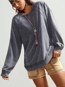 Bohemela Women's Casual Solid Color Knit Crew Neck Loose Washed Sweatshirt In Fall/Winter - Grey - View 1