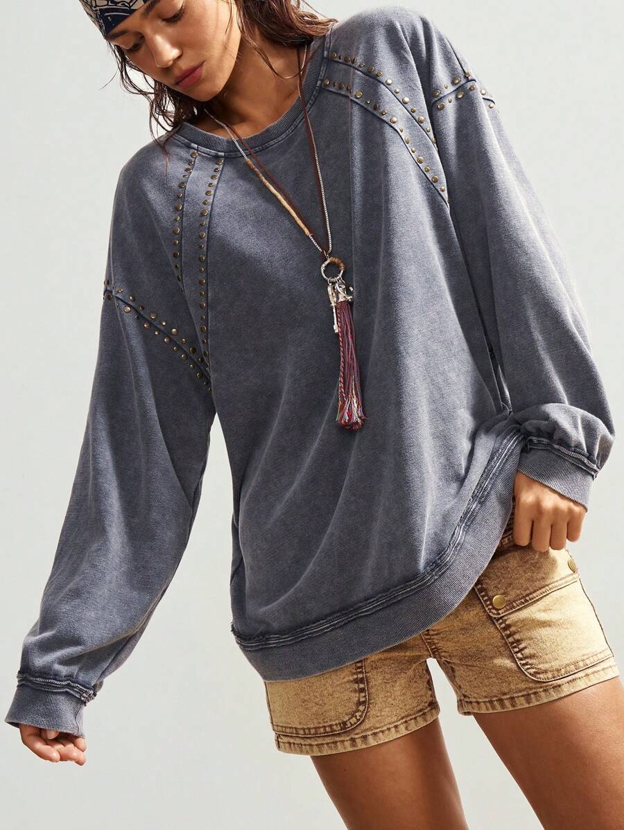 Bohemela Women's Casual Solid Color Knit Crew Neck Loose Washed Sweatshirt In Fall/Winter - Grey - View 1