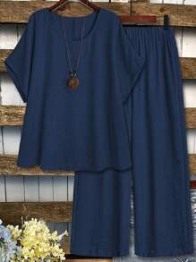 EMERY ROSE Plus Size Casual Loose Short Sleeve Top And Wide Leg Pants 2 Pieces Set - Blue - View 1