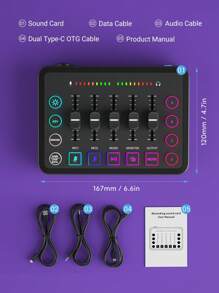 Teckwe Gaming Audio Mixer Rechargeable Audio Interface RGB PC Mixer With XLR Microphone Interface,Individual Control Volume Fader Mute Button,48V Phantom Power For Podcast/Recording - Black - View 8