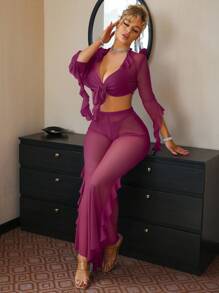 4pcs French Romantic Ruffle Sexy Lingerie Set, Going Out - Red Violet - View 7