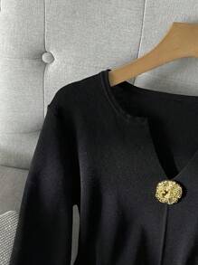 Franclia Metal Decor Notched Neck Fitted Knit Sweater Knit Pullover Fall Winter - Black - View 5