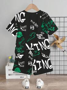 SHEIN Young Boy's Cool Cartoon Bear Print 2 Pieces Summer Outfit Set: Short Sleeve T-Shirt And Shorts - White - View 4