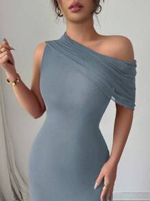 Modelyn Đầm lưới cổ lệch không tay thắt eo thanh lịch cho nữ - Xám Xanh - Xem 3