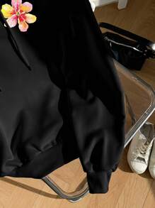 SHEIN EZwear 休闲简约热带水果印花连帽宽松厚款卫衣，适合春秋冬女士 - 黑色 - 查看 5