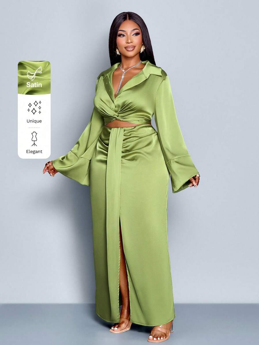 SOLERSUN 大码秋冬新款亮面缎面纯色衬衫领蝴蝶结荷叶边喇叭袖短款上衣搭配褶裥侧开衩直筒裙两件套，优雅商务休闲性感日常音乐会嘉年华毕业派对时尚女装