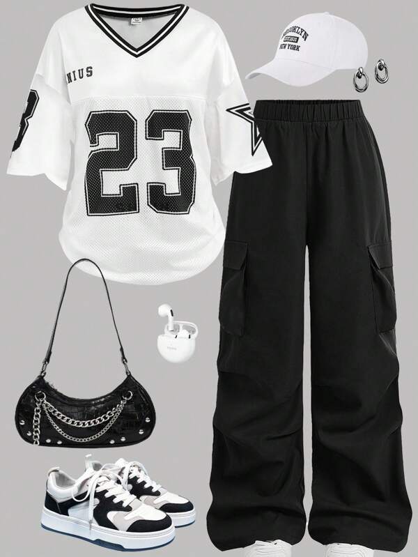 SHEIN Girlism Tween Girls Casual Streetwear Fashion Loose Basketball Jersey Print Top And Wide Leg Pants Set