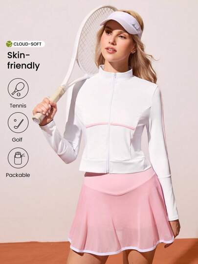 CourtClass Chaqueta deportiva de manga larga con rayas blancas para tenis y entrenamiento al aire libre para mujer