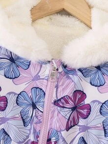 SHEIN Girls' Butterfly Print Fleece Collar Jacket, Waisted Slim Fit Casual Versatile Coat, Winter Girls Winter Coats Girls Butterfly Jacket Toddler Girl Winter Coat Kids Winter Jacket Baby Girl Winter Coat Fall - Purple - View 6