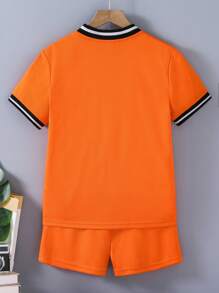 SHEIN 2pcs Tween Boy Summer Casual Contrast Stripe & Letter Print T-Shirt And Shorts Set