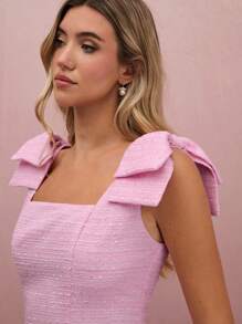 Enchnt 秋冬浪漫女士淡粉色粗花呢大蝴蝶结肩部无袖公主可爱迷你连衣裙 - 粉色 - 查看 2