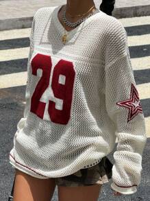 SHEIN Leap Crew Teen Girls Semi-Sheer White Long Sleeve Acrylic V-Neck Pullover With Patched Letter Design Teen Girl Sweater Varsity Sweaters Cute Sweater Teen Y2k Fishnet Sweater,In Fall/Winter - White - View 6