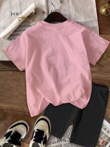 SHEIN 2 件套青少年女孩休闲简约手绘心形爱心图案短袖宽松 T 恤和紧身裤，粉色，适合夏季 - 彩色 - 查看 3