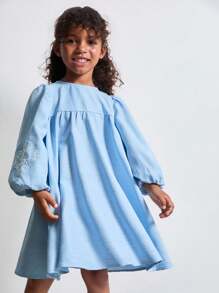 SHEIN Young Girls' Long Sleeve Embroidered Denim Effect Dresses, Autumn - Multicolor - View 5