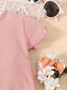 女婴纯色罗纹荷叶边短袖上衣