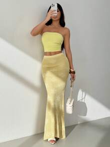 SHEIN PETITE Falda amarilla casual de punto con textura floral para mujer - Amarillo - Ver 7