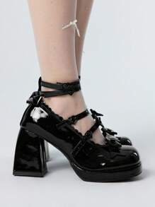 ROMWE Kawaii Giày cao gót đế xuồng Mary Jane có nơ cho nữ, giày cao gót đế dày, giày mule mũi tròn, màu đen - màu đen - Xem 4