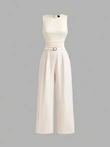 SHEIN MOD Women's Pleated Wide Leg Loose Jumpsuit (With Belt) - Apricot - View 2