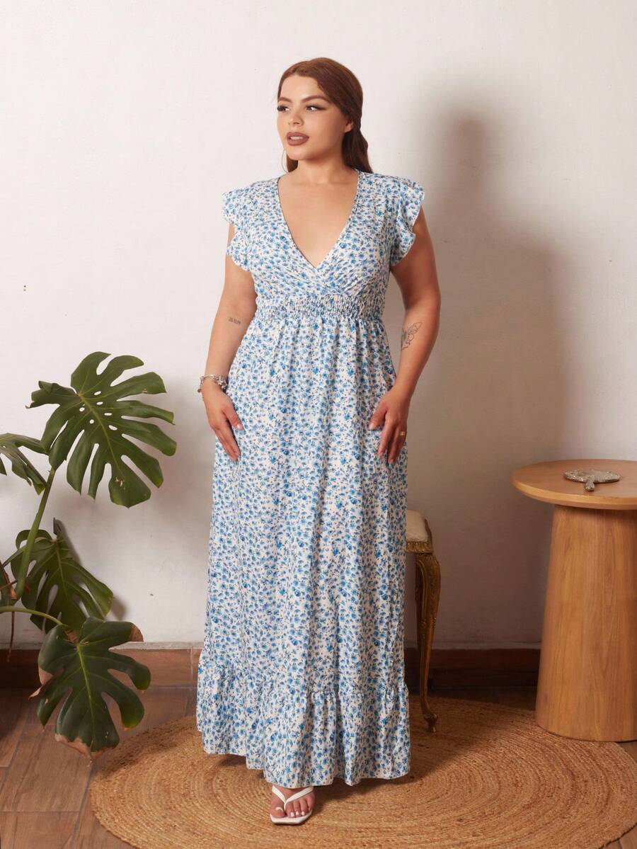 Lupita Cardoza Nuevo vestido de moda para vacaciones con mangas cortas, volantes en el bajo, cintura ceñida y estampado floral diminuto tejido en estilo fruncido para mujeres - Ver 1