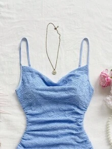 Soleia Pastel Yellow Women's Mini Sundress With Ruffled Neckline, Backless Design, Suitable For Holiday, Date, Afternoon Tea, Vacation, Music Festival, Bohemian Style Baby Blue Dress Blue Summer Dress Blue Vacation Dress Powder Blue Dress Blue Dress Summer - Blue - View 6