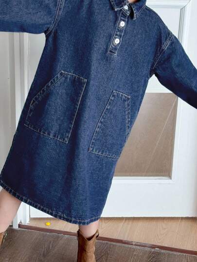 Dazy Kids Young Girls Denim Dress With Collar And Large Pockets, Fall Outfit