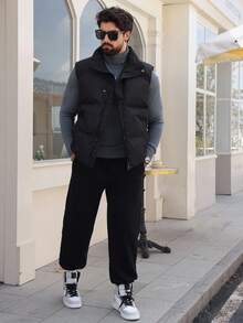 DAZY Men's Solid Color Thermal Thickened Black High Collar Vest Jacket, Winter - Black - View 3
