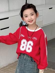 Dazy Kids Young Girl Round Neck Knit Fleece Printed Sweatshirt, Fall, Winter - Red - View 7