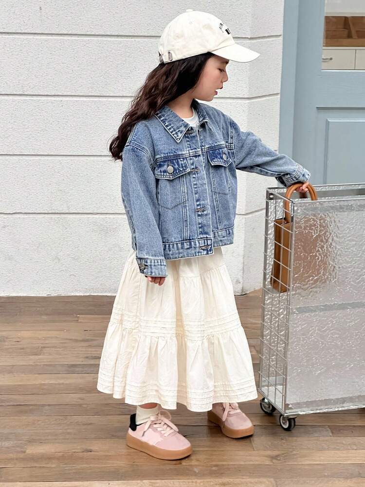 Young Girls' Solid Color Long Sleeve Denim Jacket Fall,Winter