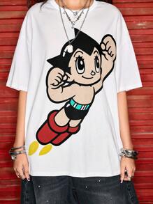 Astro Boy X ROMWE Casual Street Cartoon Figure Graphic Loose Fit Round Neck T-Shirt - White - View 4